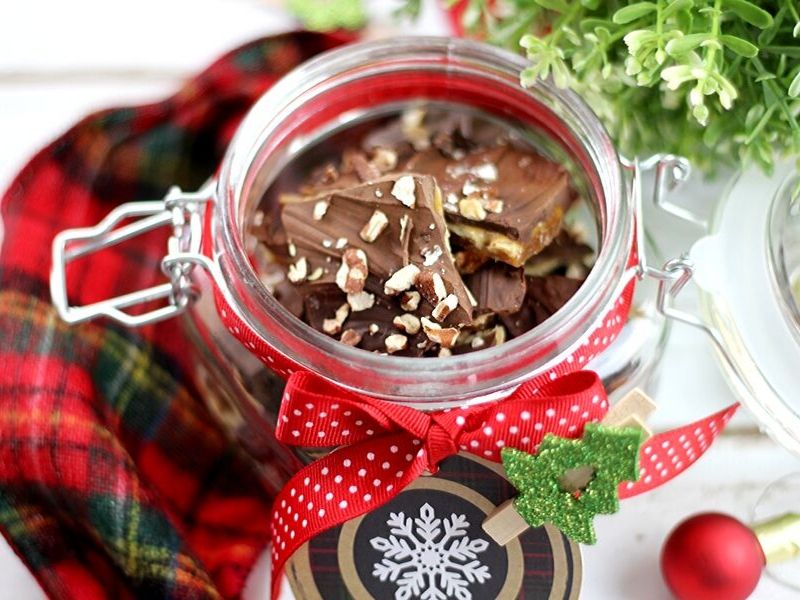 Almond roca in a jar as a gift.