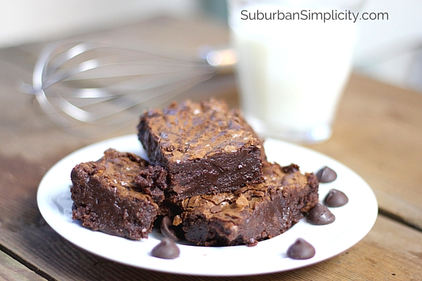 Chocolatey Dark Chocolate Fudge Brownies sitting on a plate with milk and a spatula in the background 