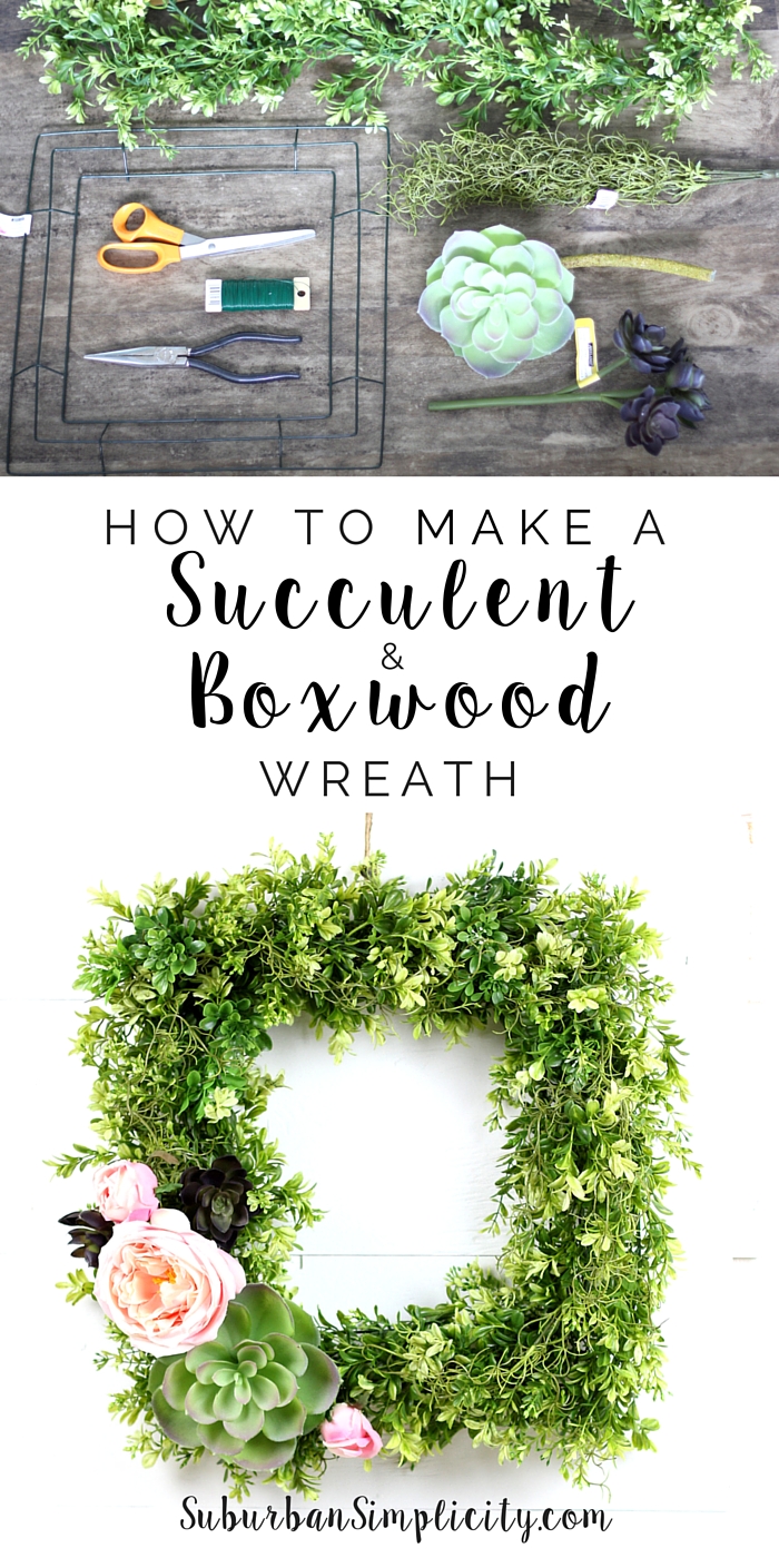 Learn how to make a Succulent and Boxwood Wreath. It's easy and adds such charm to any room. | DIY | How to make a faux wreath 