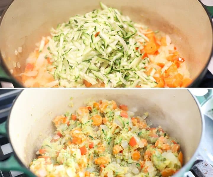 veggies being sautéd in a pot