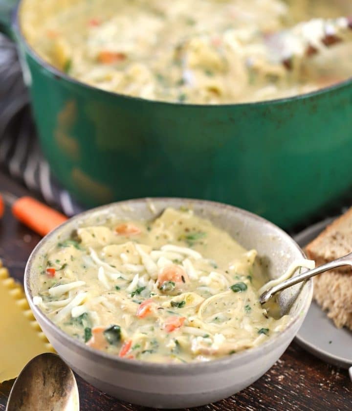 bowl of chicken lasagna soup in front of a pot.