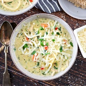 creamy chicken lasagna soup in a bowl.