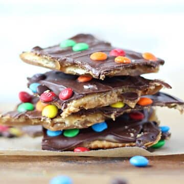 Peanut butter toffee stacked on top of each other.