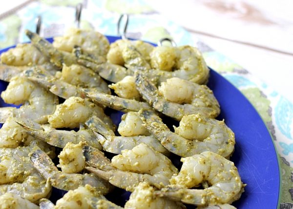 Grilled Pesto Shrimp Skewers are a perfect summer recipe idea! Easy to make, healthy and please a crowd. Skewers are for much more than beef and chicken!