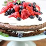 Brownie Strawberry Shortcake on a cake stand.