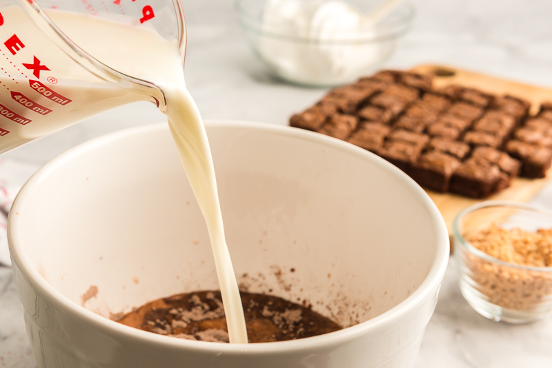 chocolate pudding being made in a bowl