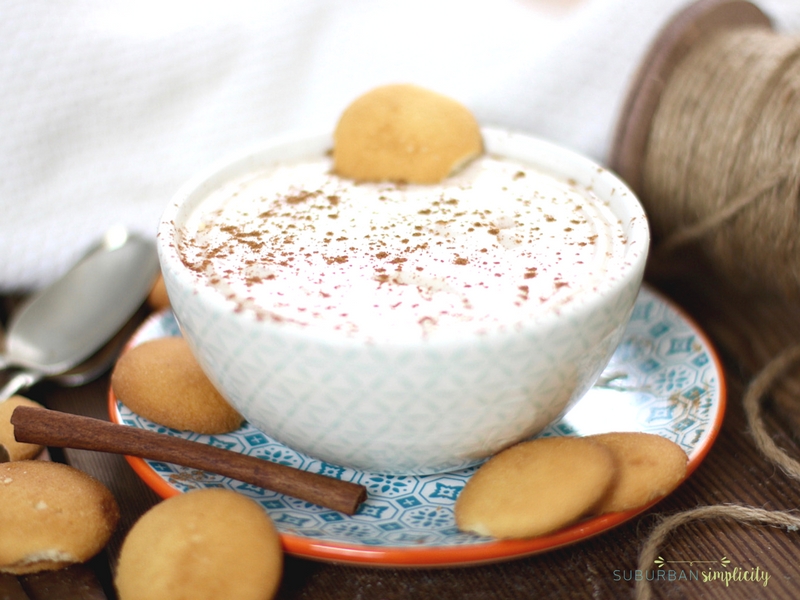 Eggnog dip in a bowl with cinnamon sprinkled on top. 