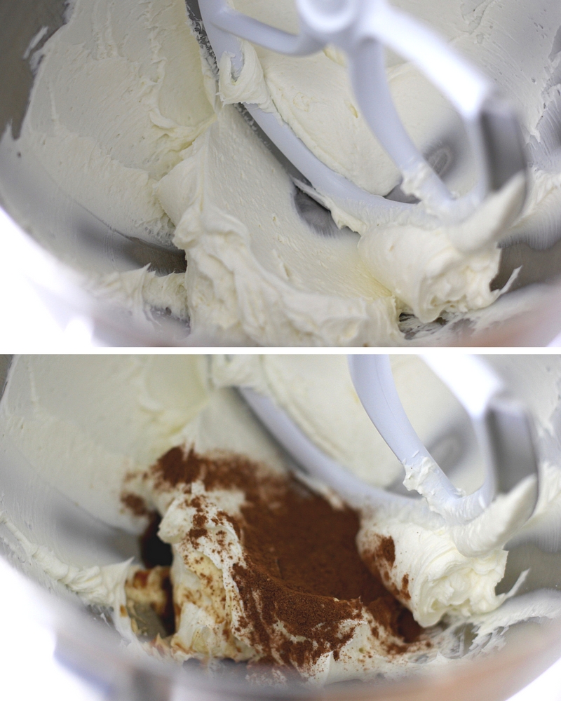 Two images. The first is the cream cheese in a stand mixer being mixed. The second is the same mixture with cinnamon and spices added. 