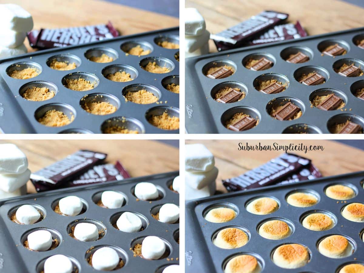 The step for making s'mores bites in a muffin pan.