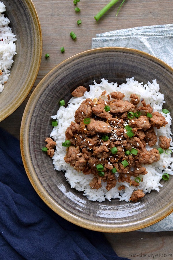 Korean turkey and rice in a brown bowl.