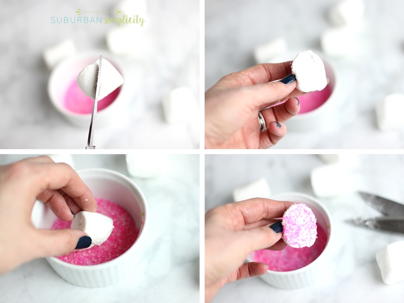 The process for making marshmallow bunny ears and dipping them in candy sprinkles.