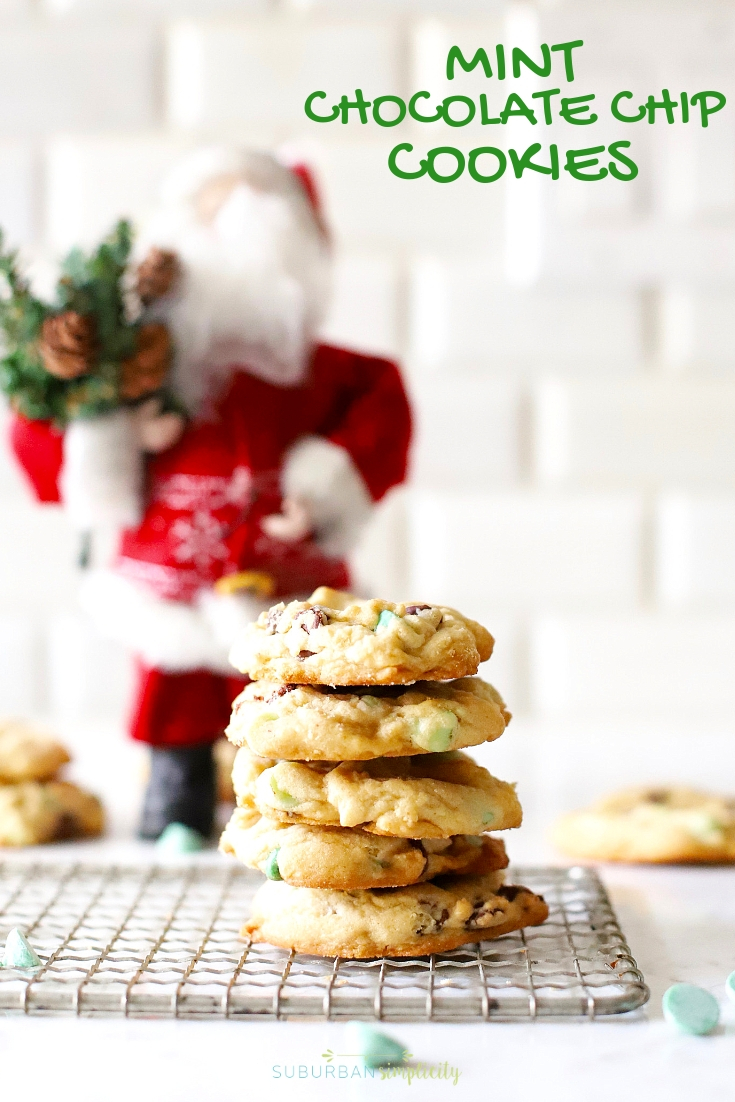 Mint Chocolate Chip Cookies are a must make!  The combination of sweet chocolate & mint is something special in these made from scratch cookies! Perfect for everything from Christmas to St. Patrick's Day! #cookies #suburbansimplicity #mint #mintchocolatechip #baking