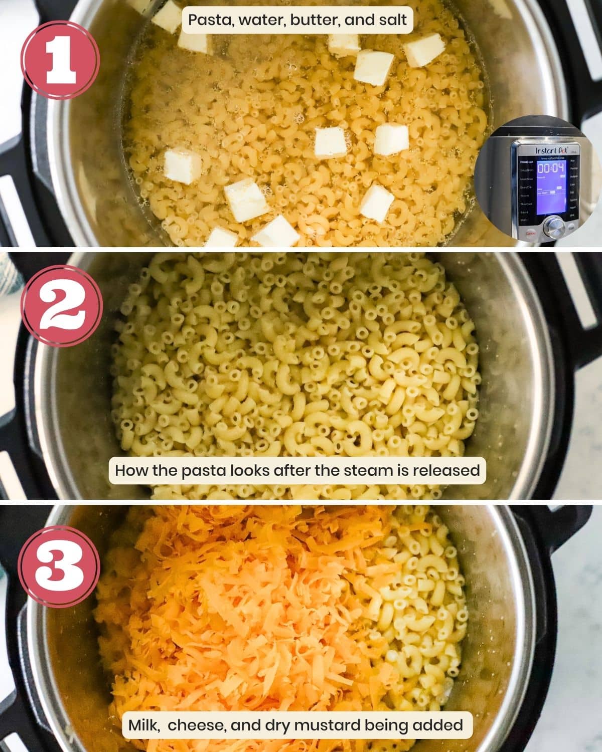 A collage showing the steps to make pressure cooker mac and chese.