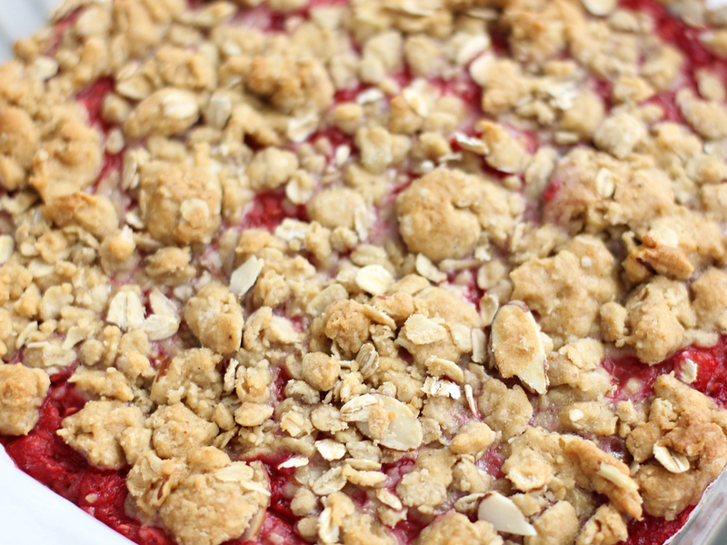 Freshly baked raspberry oatmeal bars out of the oven