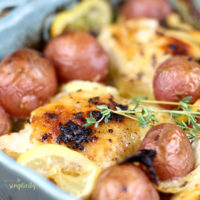 Baked lemon chicken in a blue baking dish with fresh thyme.