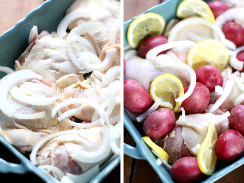 Baking pan with chicken and onions and lemon. 