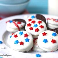 Patriotic Oreos on a plate.