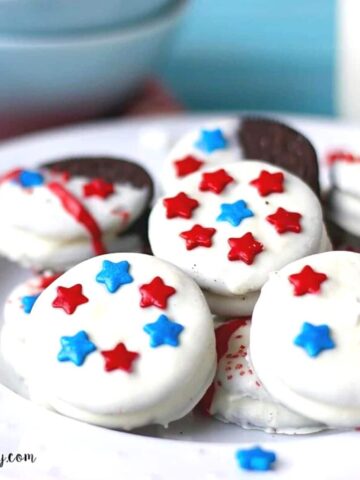 Patriotic Oreos on a plate.