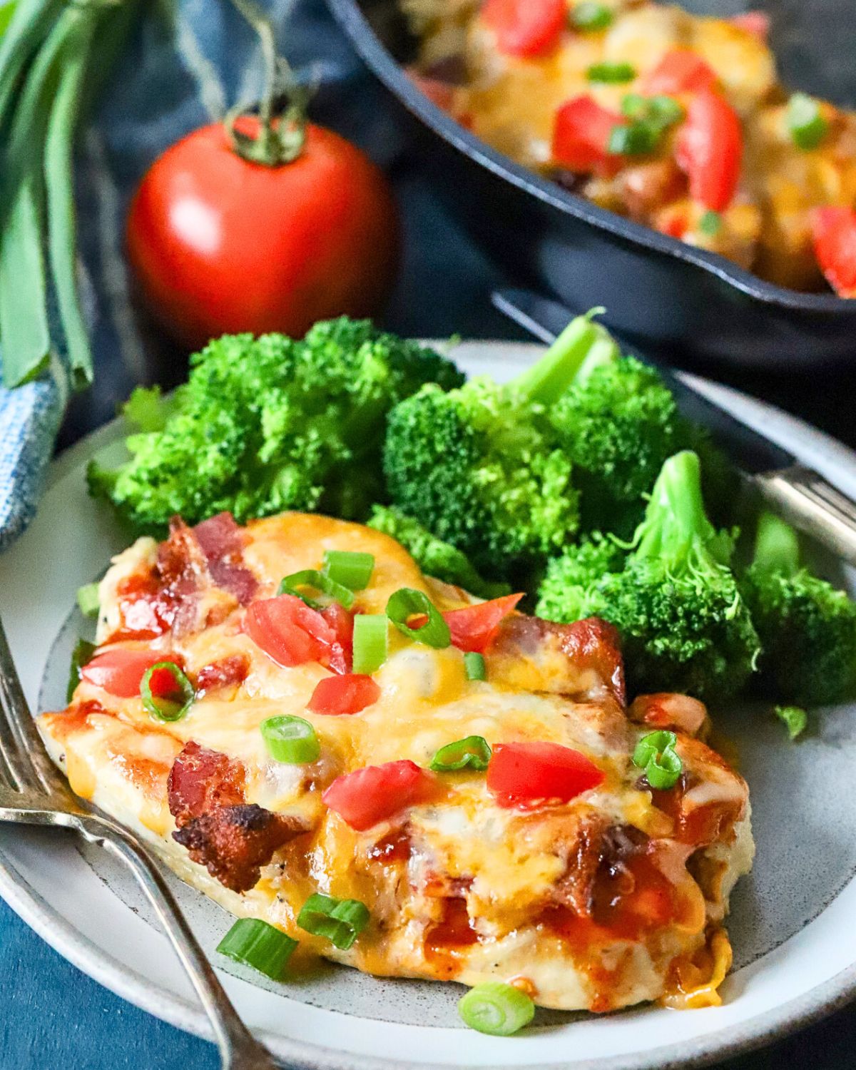 Plate with Monterey chicken and broccoli.