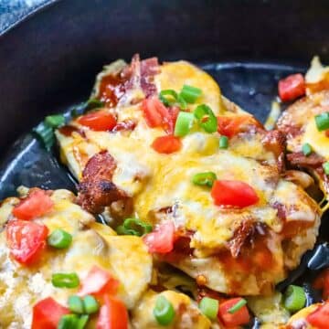 A Monterey Chicken recipe in a cast iron pan.