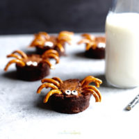 Halloween Brownie Spider with milk in the background.