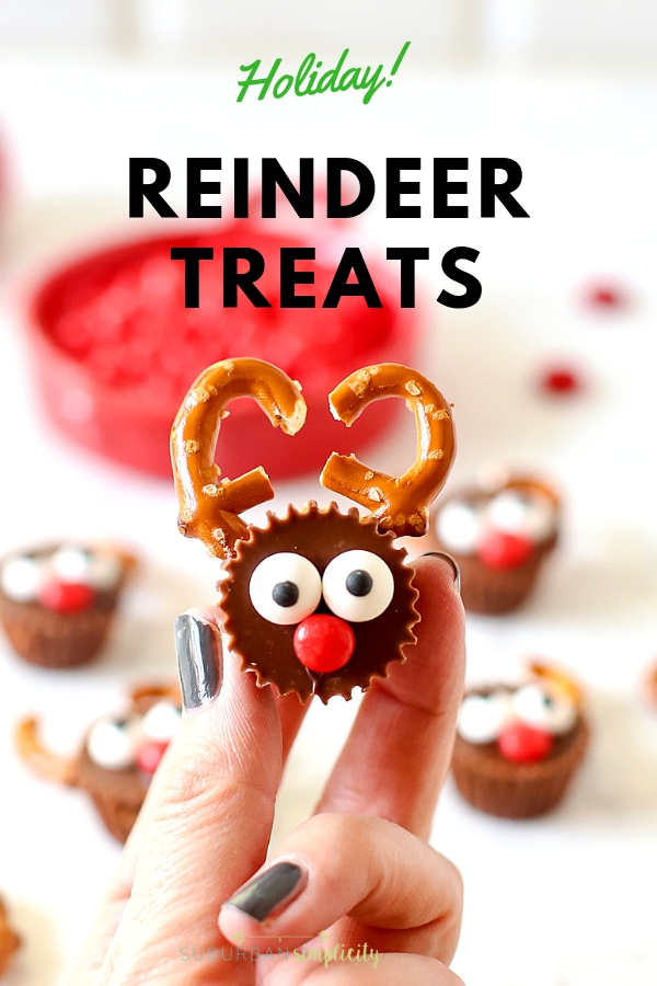 Here's one of the cutest holiday treats! Reese's Reindeer are so easy to make and have that salty sweet combo everyone loves! #suburbansimplicity #Christmas #holiday #Reindeer #treats