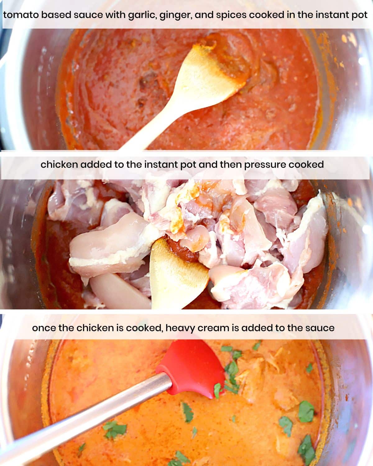 Images with the steps to make butter chicken in the pressure cooker.