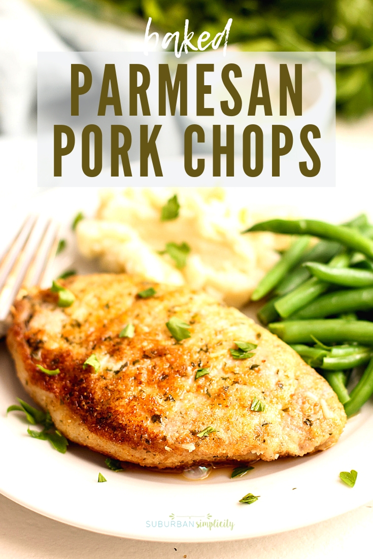 Get ready for some juicy and delicious Parmesan Pork Chops!  The crispy herb Parmesan crust keeps them moist and tender on the inside. This easy dinner idea will satisfy everyone around the table! #suburbansimplicity #porkchops #bakedpork #parmesan #breadedpork