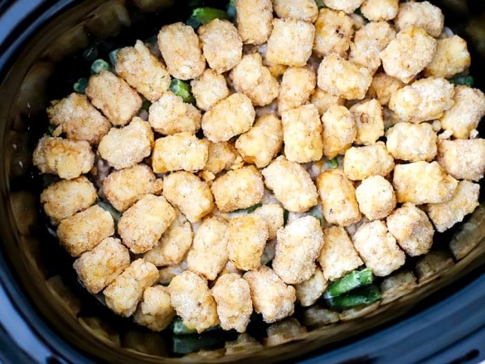 tater tot casserole ready to cook.