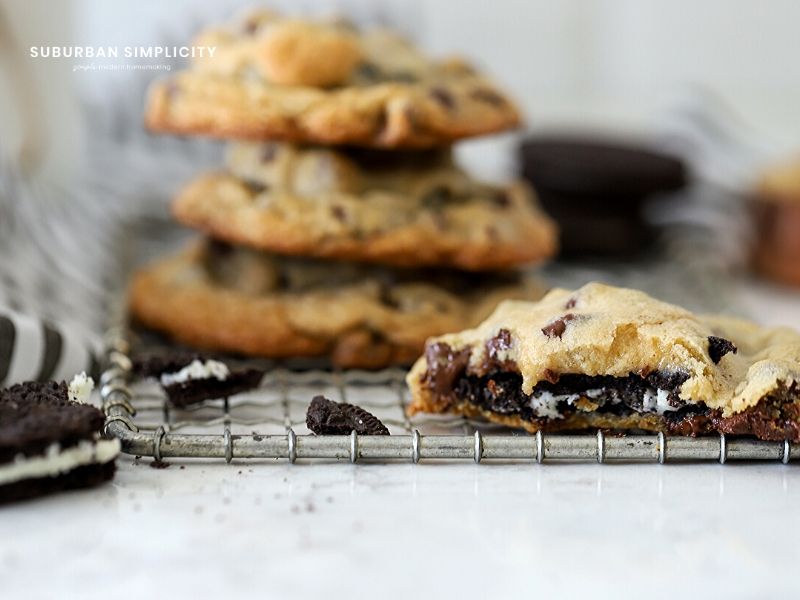 An Oreo Stuffed Cookie with a bit out of it.