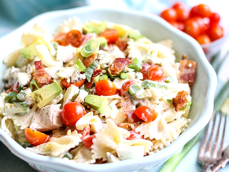 Tossed Cobb Pasta Salad in a bowl.