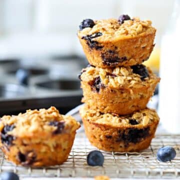 Three stacked oatmeal cups that were baked in the oven.