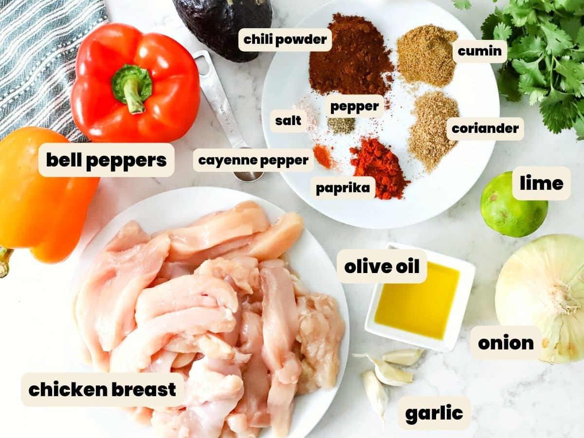 Top down view of the Ingredients for chicken fajitas.