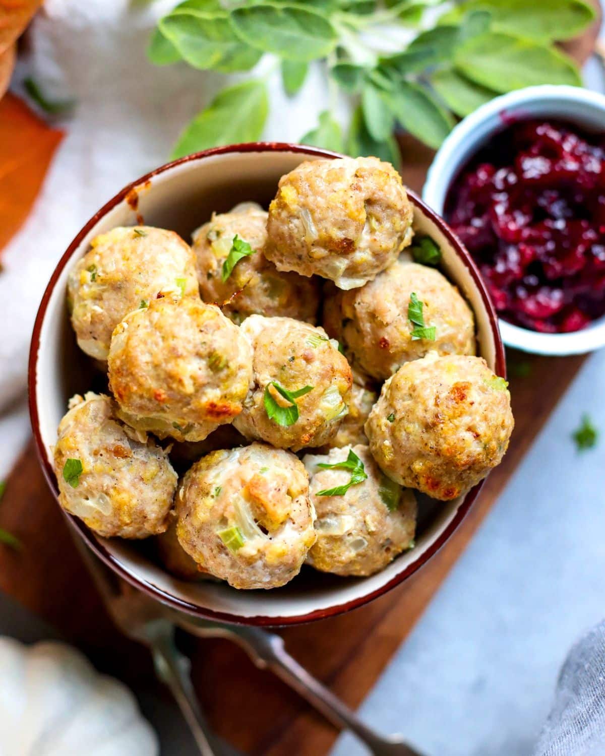 Turkey Meatballs in a bowl with cranberry sauce on the side.