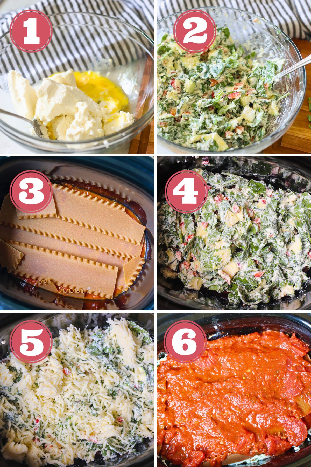 The steps to make crockpot lasagna.