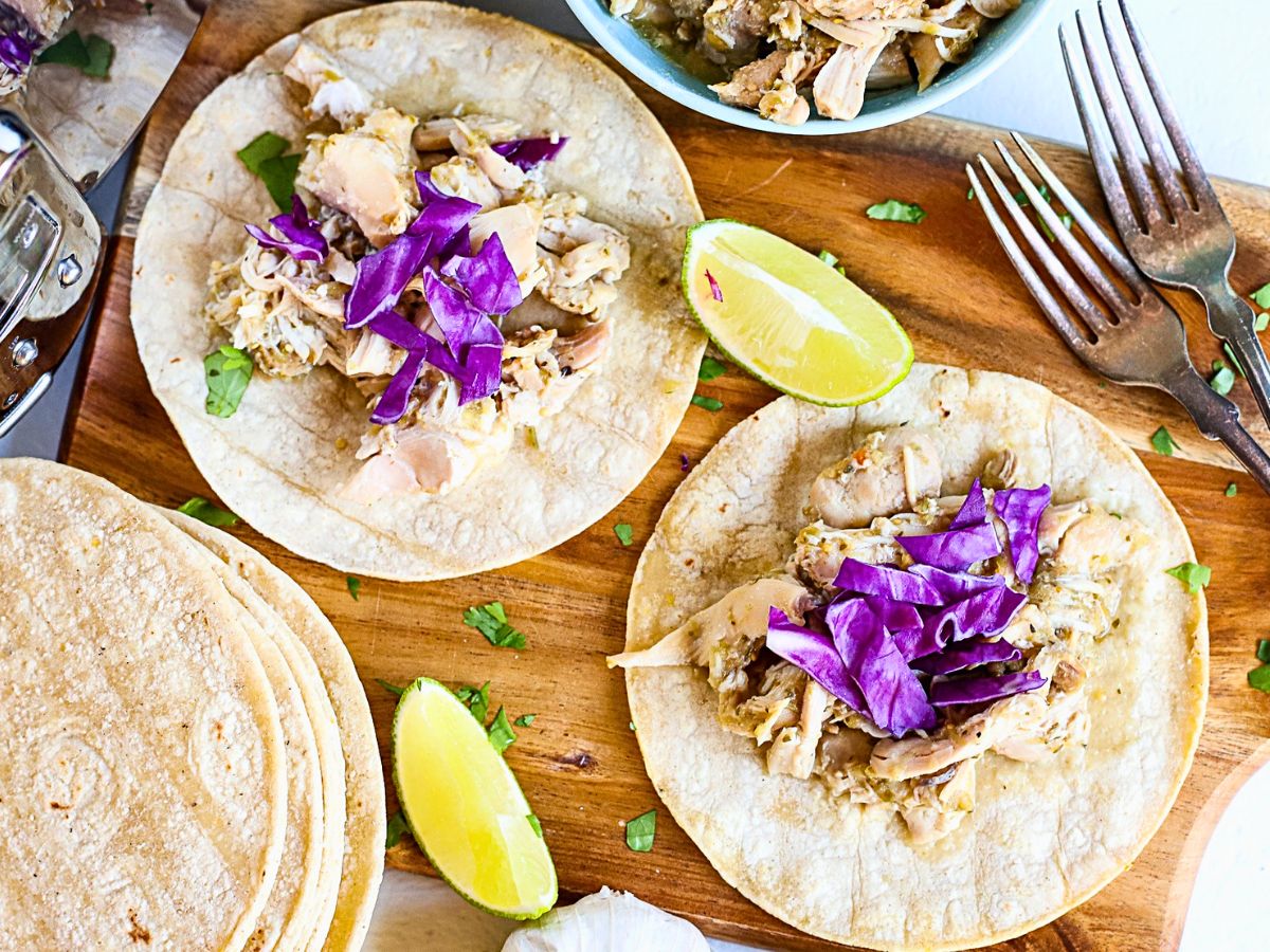 Top down view of salsa verde chicken tacos.