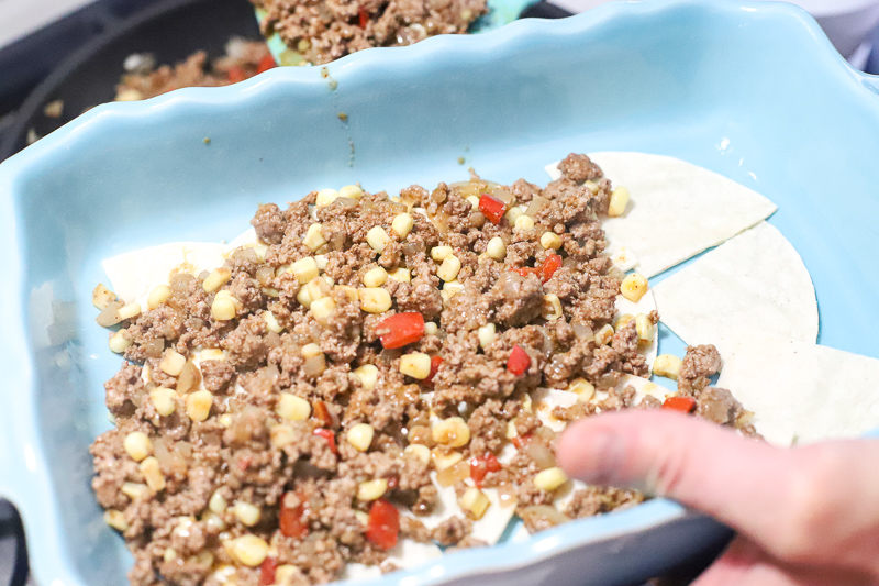 Assembling a beef enchilada casserole