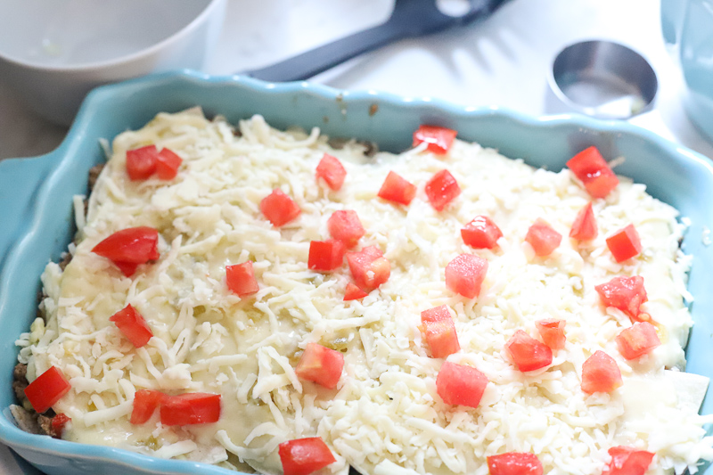 Mexican casserole assembled in a baking dish