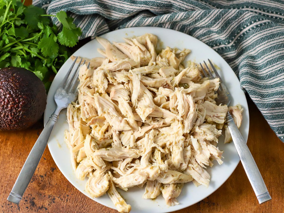 Plate of shredded chicken.