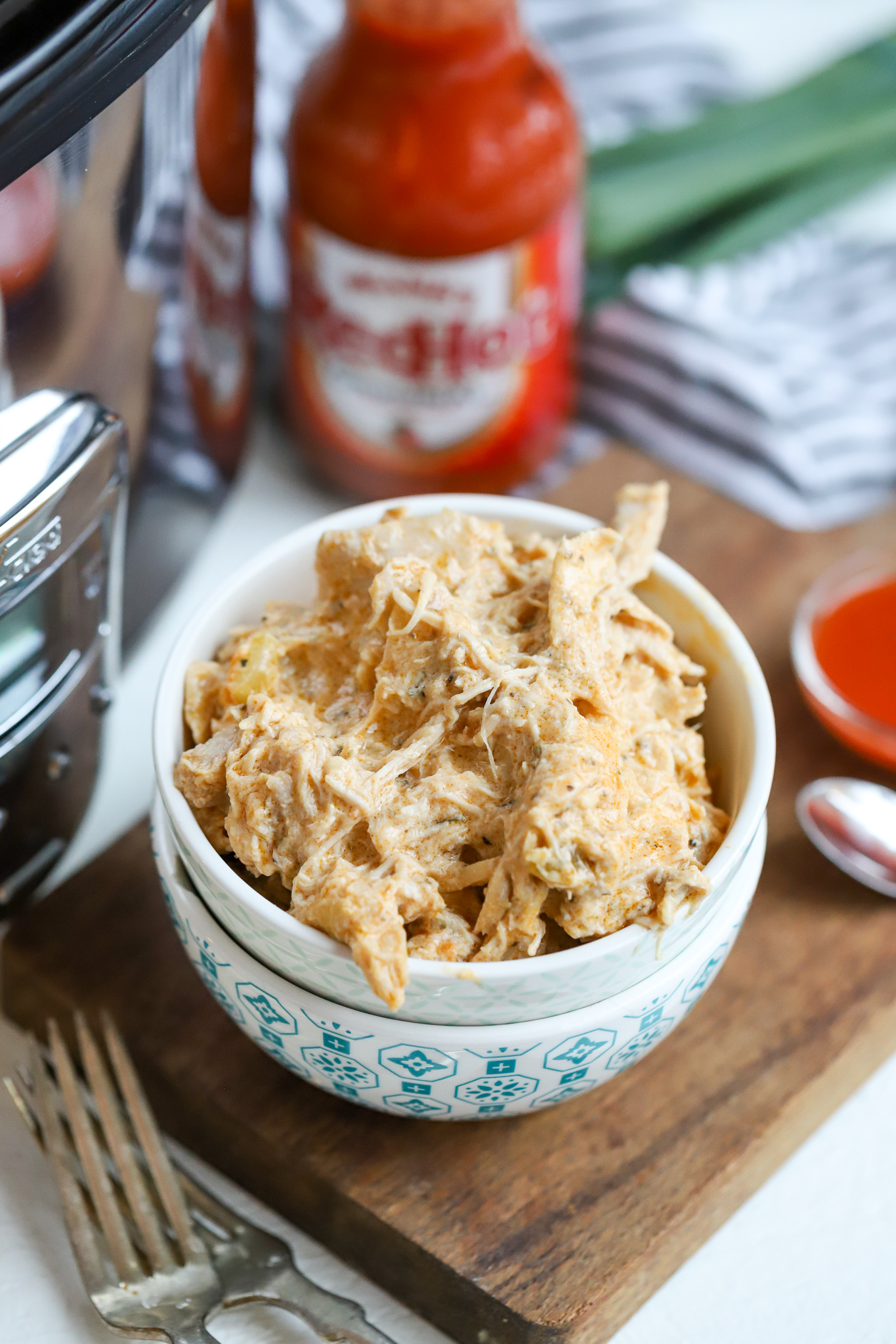 a bowl of buffalo chicken right out of the crockpot.