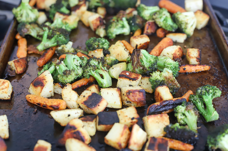 roasted vegetables on a baking pan