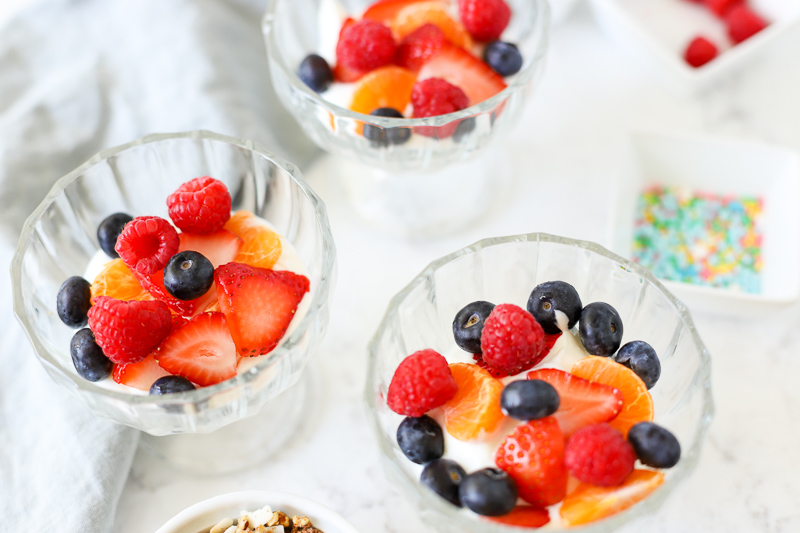 Breakfast sundae with fruit in a bowl