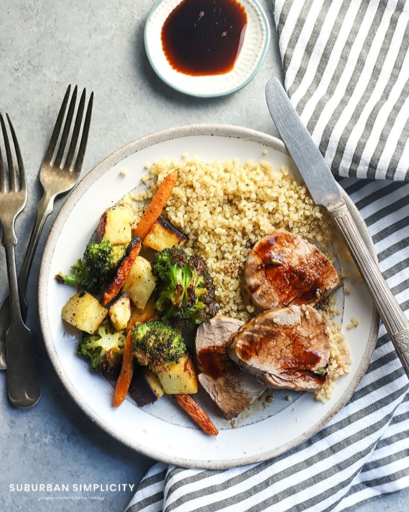 Italian Baked Pork Tenderloin plated with veggies