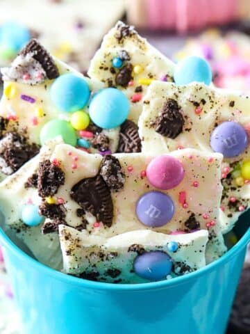 Chocolate Easter bark with M&M candy.