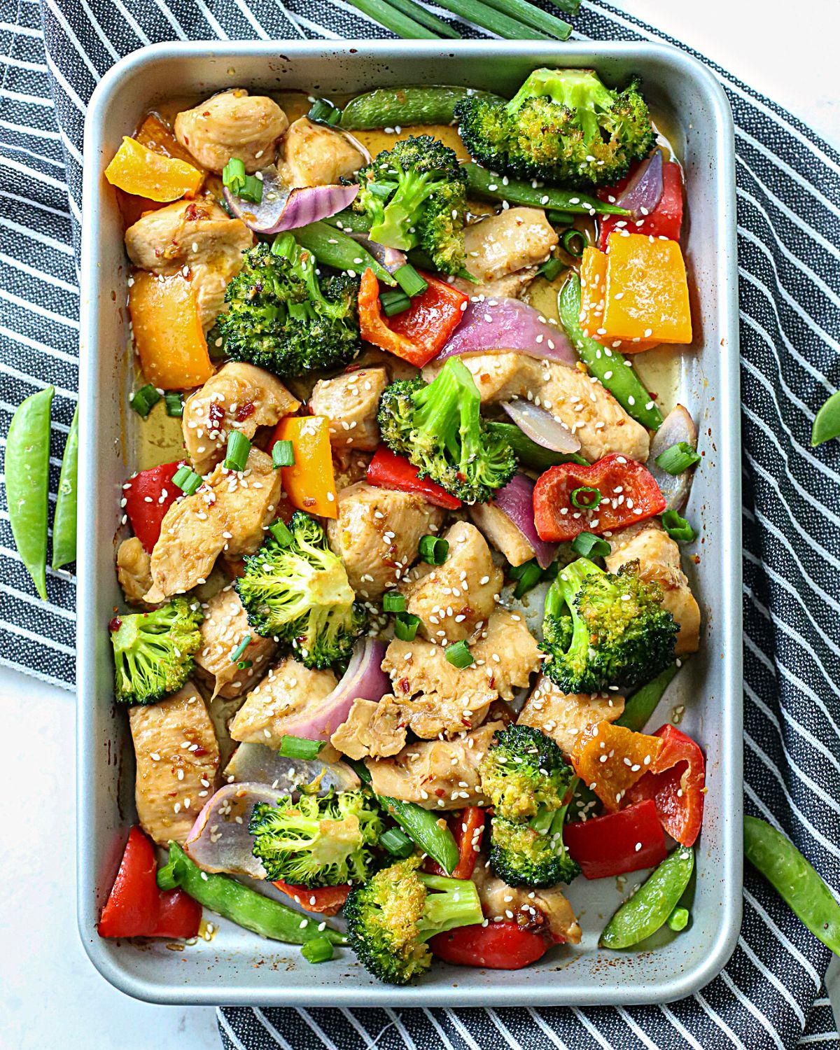 Top view of chicken and vegetables in a baking pan.