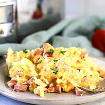 Overnight Crockpot Breakfast Casserole on a plate.