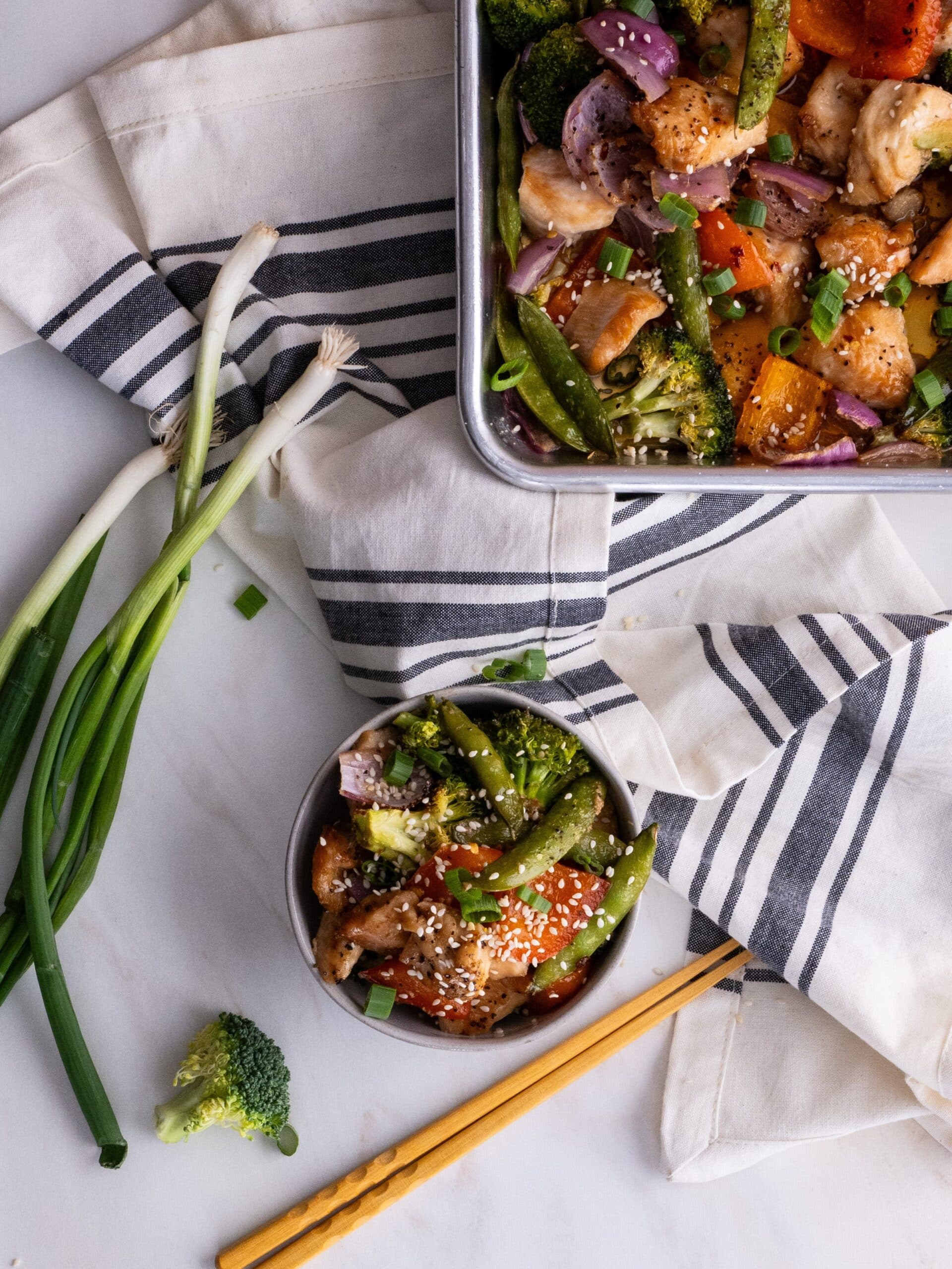 Sheet pan sesame chicken in a bowl