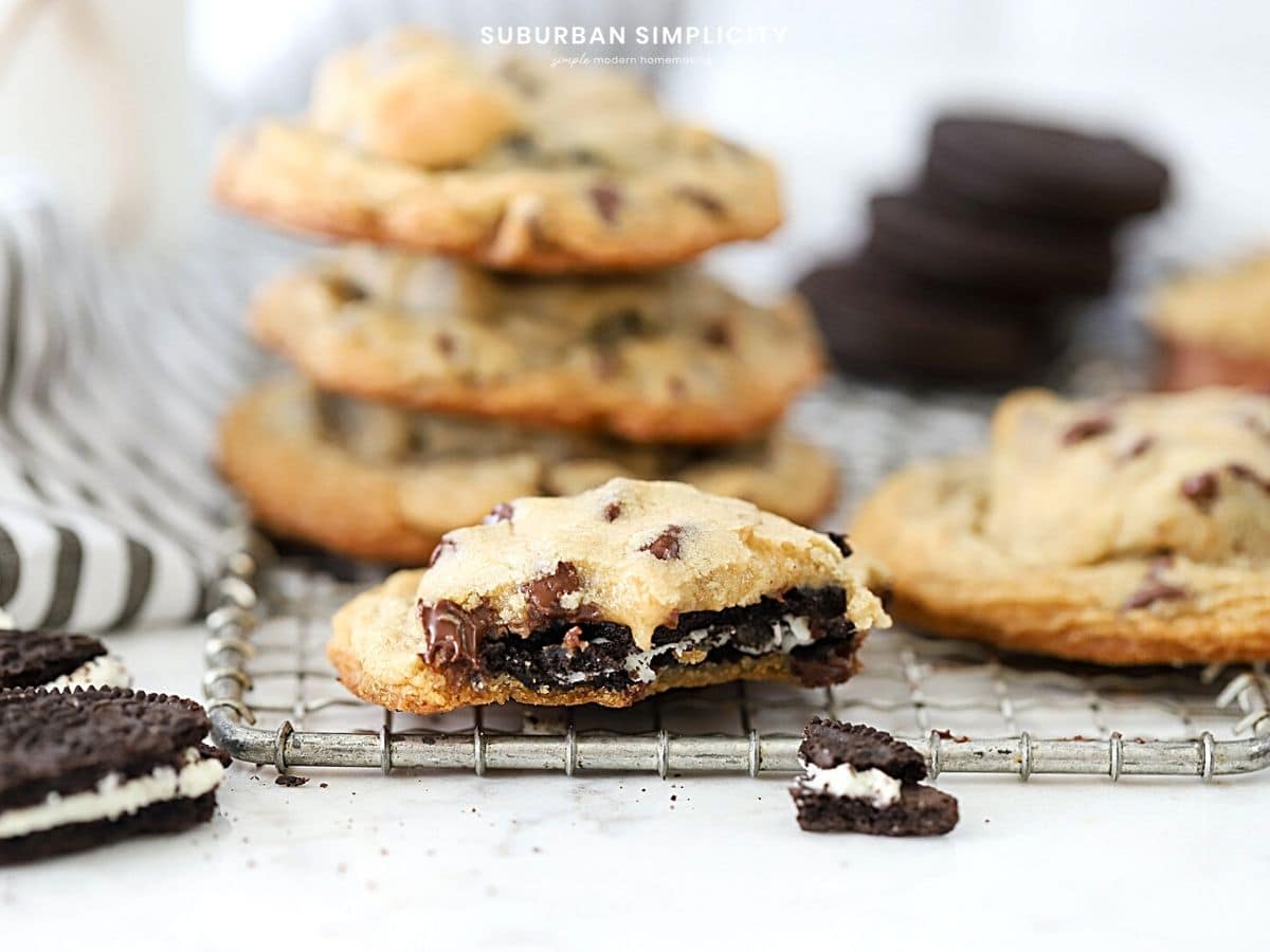 stuffed chocolate chip cookie with a bite out.