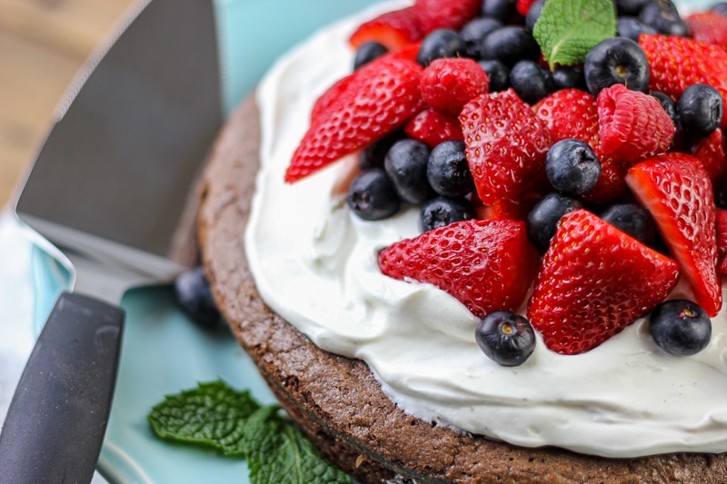 Fresh fruit on a brownie cake