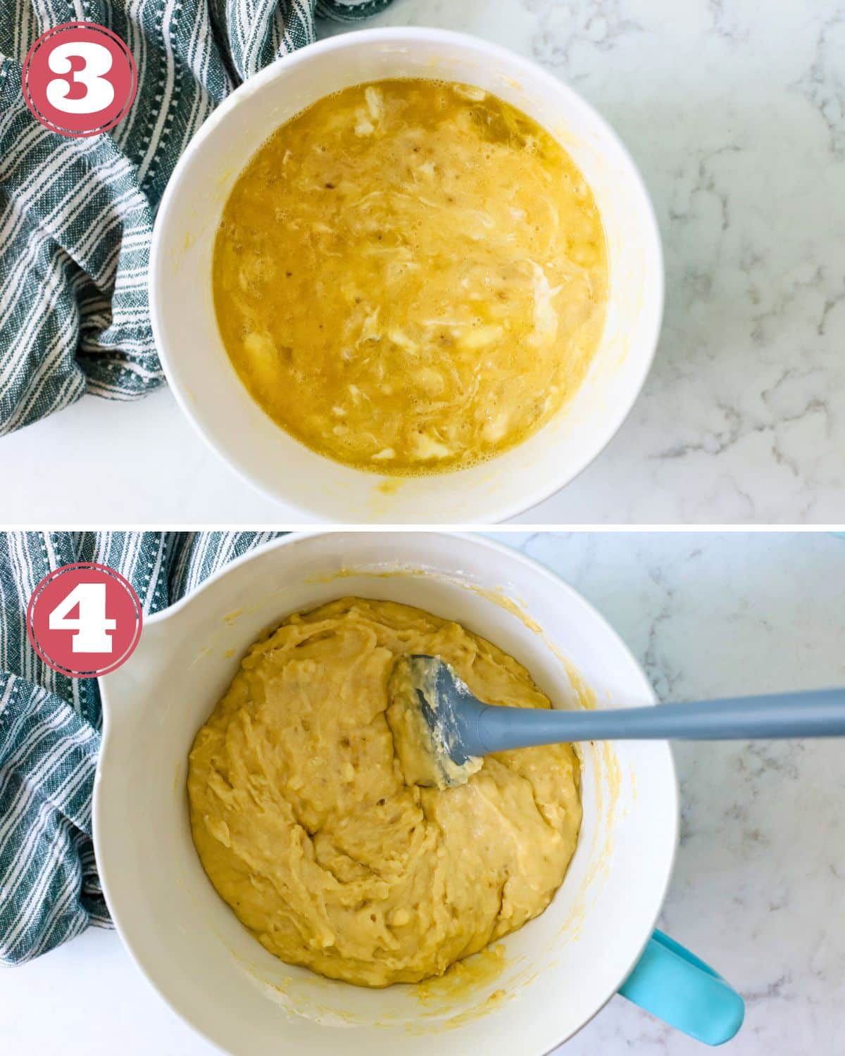 Bowl with eggs, yogurt, vanilla, and mashed bananas.